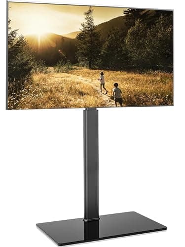 FITUEYES Floor TV Stand for 32 39 40 43 49 50 55 60 Inch TVs, TV Floor Stand with Swivel Mount, Max Holds 66lbs, White Glass Base, Height Adjustable TV Mount for Corner & Bedroom - Image 1
