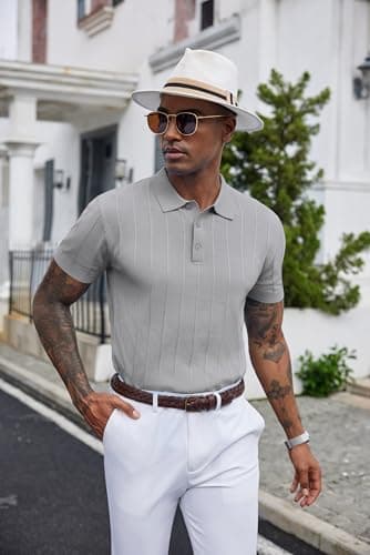 COOFANDY Polo Shirts for Men Casual Knit Polo Shirts Short Sleeve Ribbed Textured Golf Shirt Vintage V Neck Collared Shirts Striped Polos T-Shirts Light Gray - Image 3