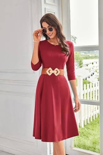 GRACE KARIN Midi Dresses for Women 2025 Casual 3/4 Sleeve Dress A Line Fit and Flare Fall Dresses Dark Red L - Image 3