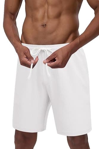 COOFANDY Men's Casual Shorts Lightweight Summer Beach Shorts Elastic Waist Drawstring Linen Short with Pockets White - Image 1