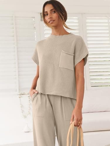ANRABESS Women's Two Piece Outfits Knit Sweater Vest Crop Top Pants Lounge Matching Tracksuit Sweatsuit Travel Clothes Sets Khaki Small - Image 6