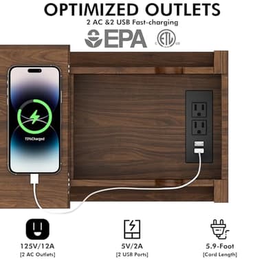 Awescuti Narrow End Table with Charging Station - Farmhouse Slim Side Table Set of 2, w/USB Ports Power Outlets, Nightstand w/Flip Top Storage Drawer, for Small Spaces Living Room Bedroom, Walnut - Image 5