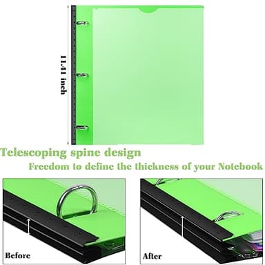INFUN All-in-one Telescoping Binder Notebook - 2PCS，Refillable 3 Ring Notebook Binder with 1 Plastic Movable Pocket Folder,5 Plastic Subject dividers and Graph Paper and College Ruled Paper - Green - Image 4