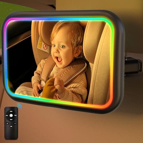 Baby Car Mirror with Light, 7 RGB Light Rear Facing Baby Car Seat Mirror with Remote Control Rechargeable 360° Rotation Hook Clip Design Wide View Shatterproof - Image 1