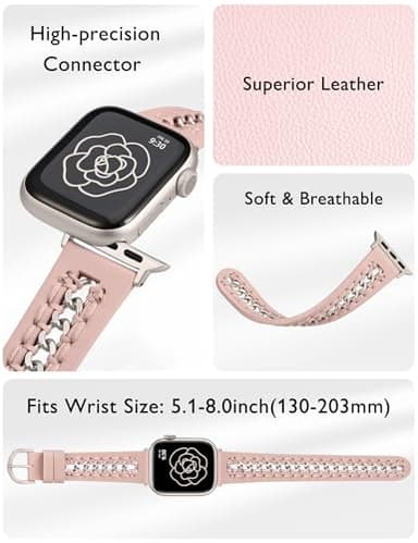 Minyee Leather Band Compatible with Apple Watch Bands 38/40/41/42mm Women, Dressy Leather Strap with Stainless Steel Metal Chain for iWatch Series 11 10 9 8 7 6 5 4 SE/Ultra 3 2 1, Pink/Starlight - Image 3