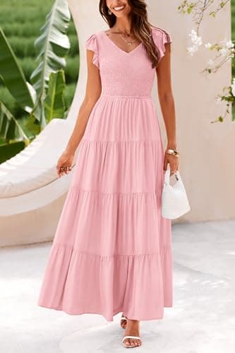 PRETTYGARDEN Women's Summer Flowy Maxi Dress Casual Cap Sleeve V Neck Smocked Beach Sundress (Solid Pink,Medium) - Image 3
