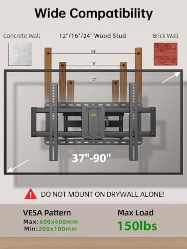 USX MOUNT UL Listed Full Motion TV Wall Mount for 37-90 Inch TVs up to 150 lbs, TV Mount Bracket with Articulating Arms Pre-Assembled, Swivel and Tilt, Fits 16",18, 24" Wood Studs, Max VESA 600x400mm - Image 6