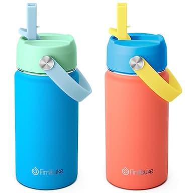Fimibuke Kids Insulated Water Bottle, 14oz BPA FREE Double Wall Vacuum Tumbler 18/8 Stainless Steel Leak Proof Kids Cups with Straw Metal Water Bottle for School Boys Girls (2 Pack, Ocean Life) - Image 1