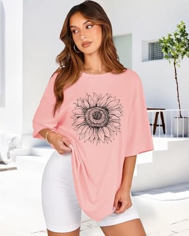 Womens Oversized Tshirt Graphic Tees Crew Neck Summer Short Sleeve Loose Fit Tops（Pink Sunflower, 3XL） - Image 4