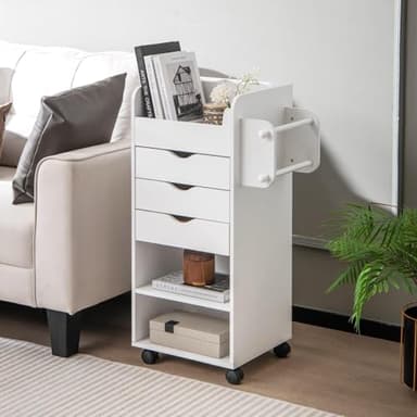 Nightcore Rolling Storage Drawer Cart, Mobile Chest of Drawers, 3 Shelves, 3 Slots, 2 Rolling Rods, Organizer Cabinet w/Lockable Casters, Wide Storage Space for Home Office, Living Room, Study (White) - Image 2