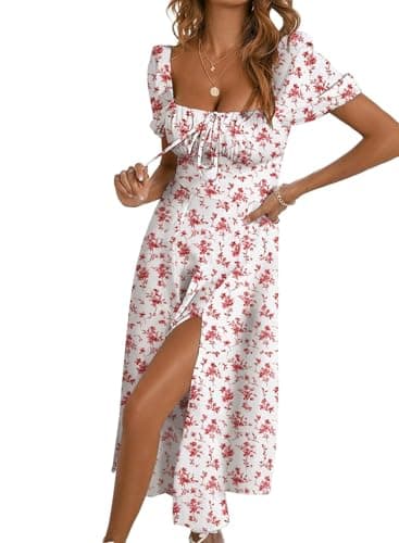 BLENCOT Womens Summer Casual Floral Dress Square Neck Puff Sleeve Boho Split Midi Long Dress P20120 Medium - Image 1