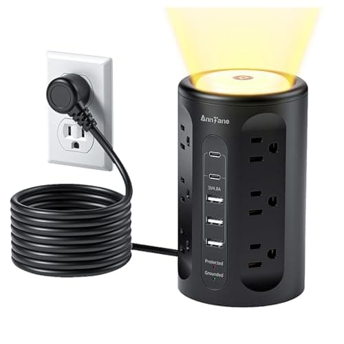 AnnTane Power Strip Tower with Night Light, Power Strip Surge Protector with USB Ports, Extension Cord 10 FT with Multiple Outlets (12AC+3A+2C) for Home Office Desk DormRoom (Black) - Image 1