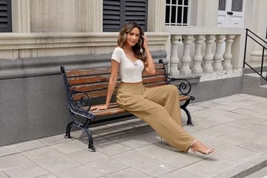 KICZOY Women's Wide Leg High Waist Pants Loose Fit Back Elastic Waist Pleated Front Trousers for Work Casual Khaki - Image 5