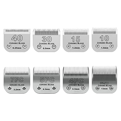 DODAER Size 40/30/15/10/7FC/5FC/4FC/3FC Detachable Pet Dog Grooming Clipper Ceramic Blades Set,Compatible with Andis,Oster A5,Wahl KM10 Series Clippers,Cut Length 1/100"(0.25mm) to 1/2"(13mm),8 Pack - Image 1