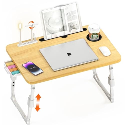 DECOSIS Laptop Bed Desk Height Adjustable, Bed Laptop Table with USB/Storage Drawer/Cup Holder/Tablet Stand/Book Shelf, Foldable Breakfast Tray Portable for Reading Writing, Bed, Sofa & Floor, Wood - Image 1