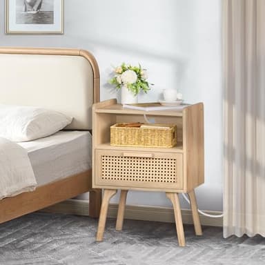 Lerliuo Rattan Nightstands Set of 2 with Charging Station, Boho Side Table with Drawer Open Shelf, Cane Accent Bedside End Table with Solid Wood Legs for Bedroom, Dorm and Small Spaces (Natural) - Image 7