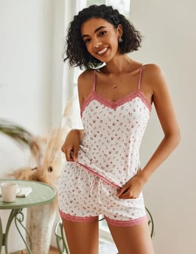 Avidlove Womens Pajama Sets Modal Sleepwear Lace Trim Short Pjs Sets for Women With Shorts (Small Crushed Flowers, L) - Image 3