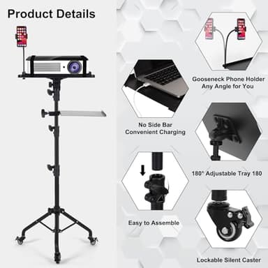 Tossbiss Laptop Tripod on Wheels with 2 Shelves, Portable Projector Floor Stand Adjustable Height 25.9 to 51.8 Inch with Phone Holder - Image 6
