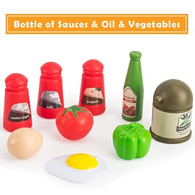 Bruvoalon 32Pcs Kids Play Kitchen Toys Set, Toddlers Pretend Cooking Playset Acccessories with Pots Pans, Utensils Cookware, Foods, Canned Veges, Learning Gift for Kids Girls Boys (Green) - Image 4