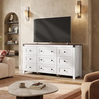 WLIVE Dresser for Bedroom, 63" Wide 9 Drawer Farmhouse Dresser Storage Organizer, Wood Chest of Drawers for Bedroom, TV Stand for 70 inch TV, for Living Room, Hallway, Ball Bearing Slide (White) - Image 9