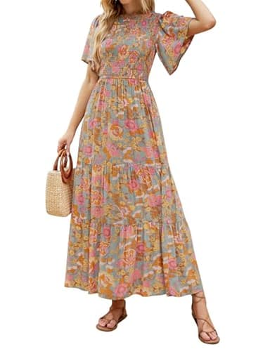 ZESICA Women's 2024 Summer Casual Floral Print Short Flutter Sleeve Crew Neck Smocked High Waist Flowy Maxi Dress,GreyGreen,Medium - Image 1