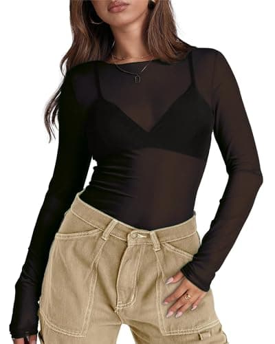 WIHOLL Long Sleeve Going Out Tops for Women Mesh See Through Ladies Sheer Round Neck Club wear Party Shirts Black S - Image 1