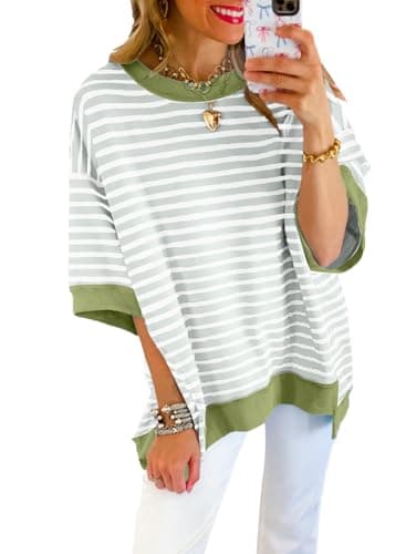 SHEWIN Shirts for Women 2025 Loose Short Sleeve Sweatshirt Cute Womens Summer Tops Dressy Casual Crewneck Color Block Tee Shirt Trendy Spring Outfits Mist Green Stripe XL - Image 1