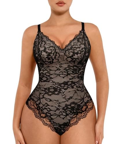 FeelinGirl Shapewear Bodysuit Women Tummy Control Lace Shapewear V Neck Backless Tank Top Thong Body Shapewear Black M - Image 1