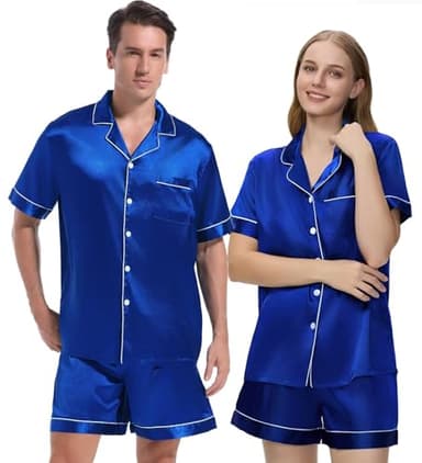 Guriyzee Couple Pajamas Set Men Satin Short Sleeve Sleepwear 2 Pcs Button Down Pjs Loungewear Navy Blue Large - Image 1