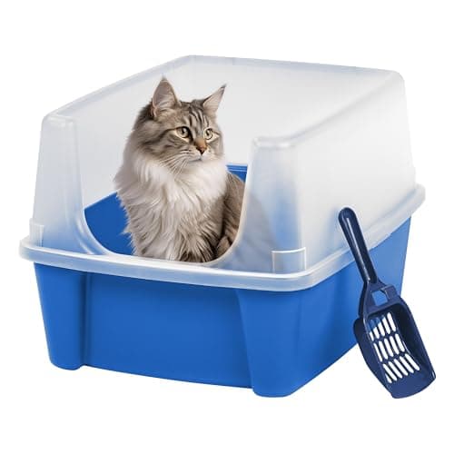 IRIS USA Large Cat Litter Box with Scatter Shield and Scoop, Open Top High Sided Cat Litter Pan, Blue - Image 1