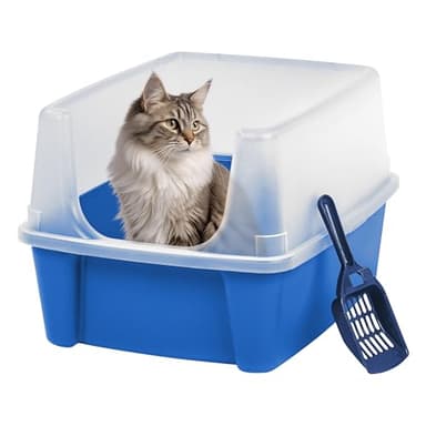 IRIS USA Large Cat Litter Box with Scatter Shield and Scoop, Open Top High Sided Cat Litter Pan, Blue - Image 1