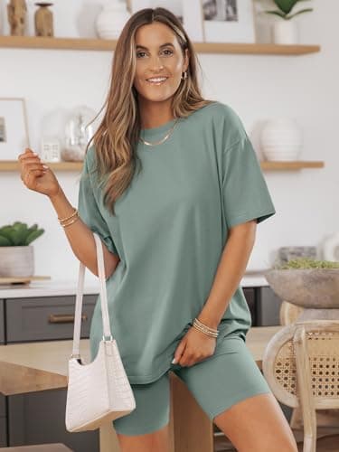 AUTOMET Womens Summer Outfits for 2025 2 Piece Sets Two Piece Lounge Set Matching Clothing Oversized Tshirts Biker Short Fashion LightGreen L - Image 2