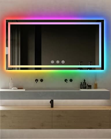 oneup 60x30 Inch Smart LED Bathroom Mirror,RGB Color Changing Bathroom Mirror with Lights,Anti-Fog Wall-Mounted Vanity Mirrors,Dimmable Multicolor Lighted,IP54 Waterproof - Image 1