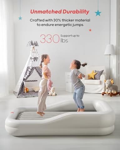QPAU Inflatable Toddler Travel Bed with 3-Sided Safety Bumpers, Extra Large Kids Air Mattress, Includes Detachable Mattress, Portable for Camping, Travel, Home Use (Grey) - Image 3