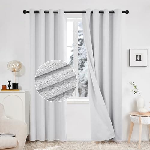 Deconovo Total Blackout Curtains Linen Curtains Room Darkening Curtains with Grommets for Bedroom Living Room Kids Room, 2 Panels，Greyish White，52Wx84L Inch - Image 1
