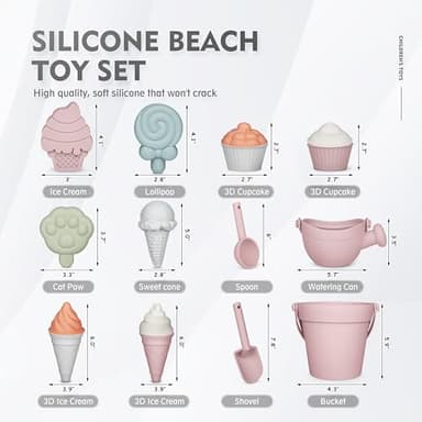 MarcZero 17Pcs Silicone Beach Toys,Modern Baby Beach Toys,Travel Friendly Beach Set,Silicone Bucket, Watering Can, Shovel, 12 Sand Molds, Beach Bag,Silicone Sand Toys for Toddlers, Kids (Pink) - Image 2
