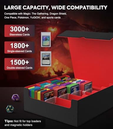 MoKo Trading Card Storage Box, 3000+ MTG Deck Box with 24 Colorful Dividers & 4 Card Supporters, Commander Card Deck Case Fits for Magic Game Cards, YugiOh, TCG, PTG and Sport Cards, Black Red - Image 3