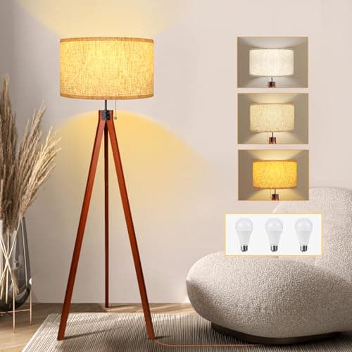 Isloys Wood Tripod Floor Lamp, 3 Color Temperatures Mid Century Modern Boho Floor Lamp, Tall Standing Lamps for Living Room Bedroom Office, Flaxen Lamp Shade with E26 Lamp Base - Image 1