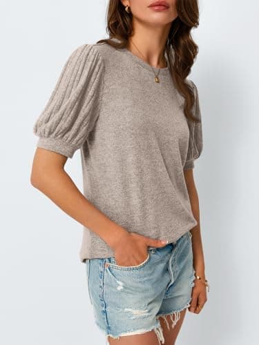 AUTOMET Womens Tops Summer Sweater Long Tunic Dressy Casual Blouses Business Cute Trendy Short Sleeve Shirt 2025 Khaki XL - Image 3