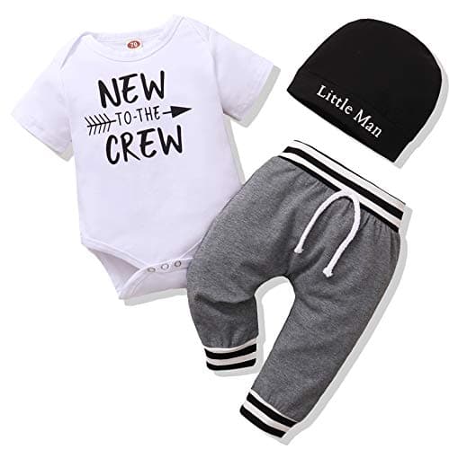 Renotemy Newborn Baby Boy Clothes Short Sleeve Romper Outfits Set New to The Crew Outfits Baby Boy Clothes 0-3 Months Gray - Image 1
