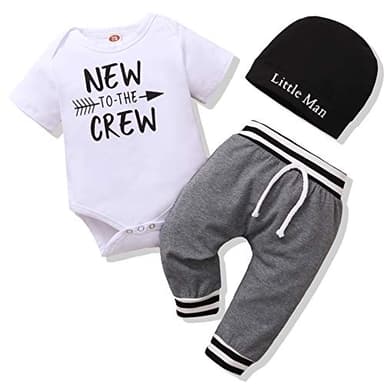 Renotemy Newborn Baby Boy Clothes Short Sleeve Romper Outfits Set New to The Crew Outfits Baby Boy Clothes 0-3 Months Gray - Image 1