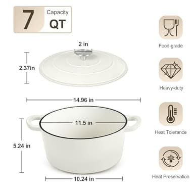 P&P CHEF 7QT Enameled Dutch Oven, Cast Iron Dutch Oven Pot with Lid for Bread Baking, Enameled Casserole Pot for Roasting Braising Stewing Frying Simmering, Various Stoves & Easy Clean, White - Image 2