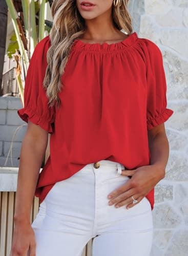 EVALESS Womens Tops Short Sleeve Shirts for Women Country Concert Outfits Summer Clothes Trendy 2025 Off The Shoulder Tops Dressy Casual Chiffon Blouses Loose Fit Spring Red Shirts, Medium - Image 2