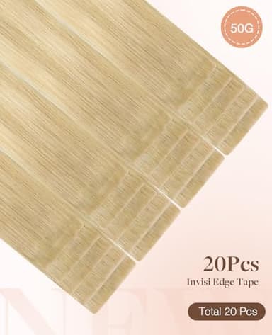 GOO GOO Invisi Edge Tape in Hair Extensions Human Hair, 18AT60A Pearl Ash Blonde Highlights 20pcs 24inch 50g, Virgin Remy Hair, Seamless Injected Tape, Natural Look - Image 2