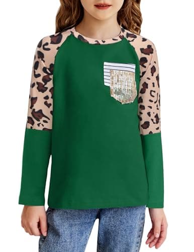 Arshiner Girls Casual Blouse Tops Color Block Long Sleeve 2023 Fall Pocket Girls Shirts Green 5-6 Years - Image 1