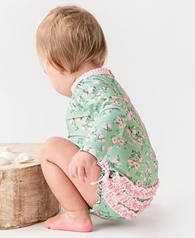 RuffleButts Baby Girls UPF 50+ Sun Protection Floral Printed Long Sleeve One Piece Rash Guard Swimsuit with Zipper - Tea Roses, 6-12m - Image 2