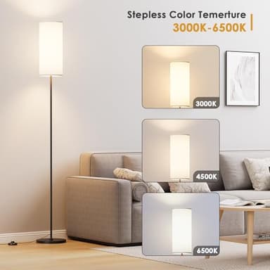 Karjoefar Floor Lamp for Living Room, Modern Standing lamp with Remote Control, Stepless Dimmable 9W Bulb & Beige Lampshade Included, Black Pole Tall Floor Lamp for Bedroom Office - Image 2