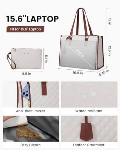 LOVEVOOK Lunch Tote Bag for Women, 15.6 Inch Laptop Bag with Insulated Lunch Compartment, Quilted Large Capacity Computer Handbag with Purse for Business, Work, Collage, Office, Casual, Beige-brown - Image 3