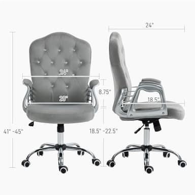 Vinsetto Home Office Chair, Velvet Computer Chair, Button Tufted Desk Chair with Swivel Wheels, Adjustable Height, and Tilt Function, Light Gray - Image 3