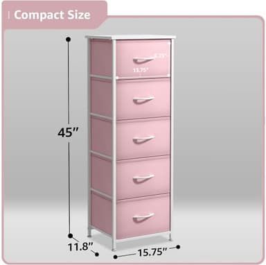 Sorbus Fabric Dresser for Kids Bedroom - Chest of 5 Drawers, Tall Storage Tower, Clothing Organizer, for Closet, for Playroom, for Nursery, Steel Frame, Fabric Bins - Wood Handle (Pink) - Image 3